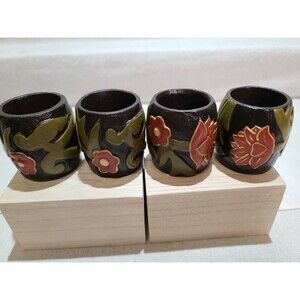 Vintage Handpainted Vintage MCM Floral Set Of 4 Napkin Rings Boho Retro